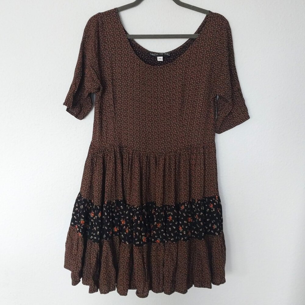 Dress To Kill Vintage Floral Print Short Sleeve Ruffle Tiered Hem Babydoll Dress